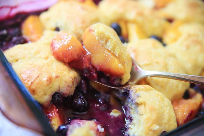 Lemon Cornbread, Peach, and Blueberry Cobbler