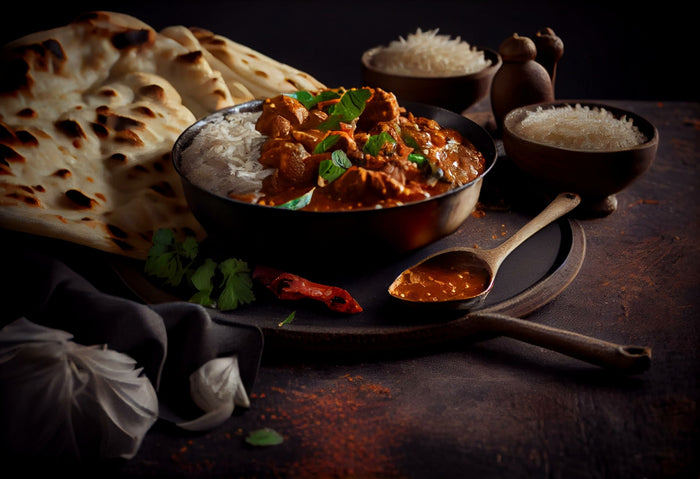 A bowl of Methi Chicken next to a plate of Naan