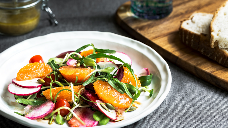 A delicious fruity summer salad with oranges and True Lemon. 