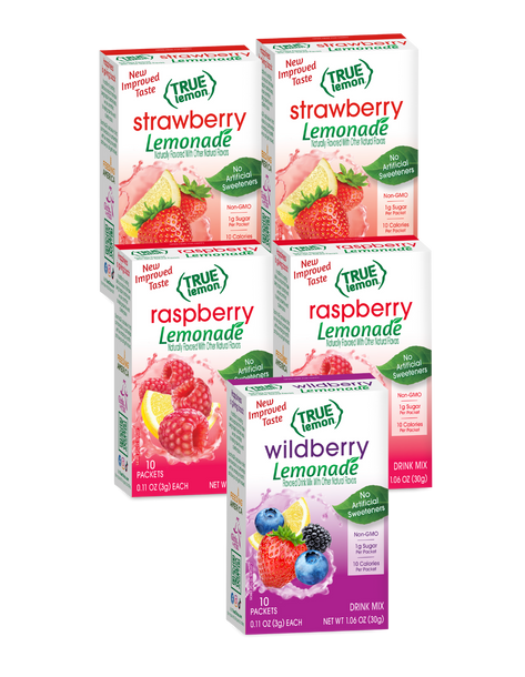 Two boxes of Strawberry Lemonade, two boxes of raspberry lemonade, one box of wildberry lemonade.