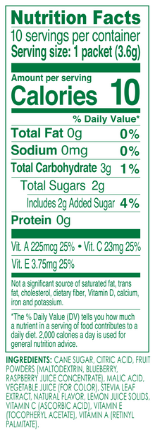 Nutrition facts for True Lemon Kids Blue Raspberry. There are 10 calories, 3 grams of carbohydrates, and 2 grams of sugar per packet.